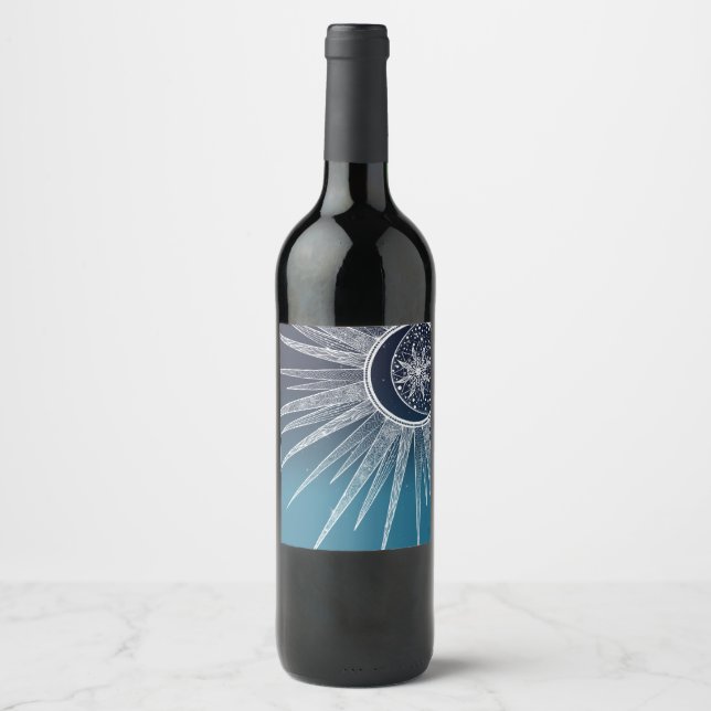 White Sun Moon Mandala Blue Gradient Design Wine Label (Front)