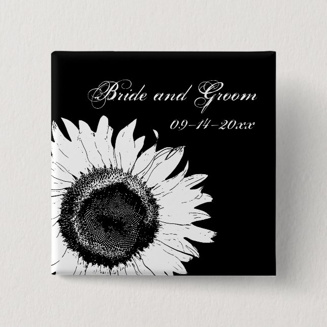 White Sunflower on Black Wedding 15 Cm Square Badge (Front)