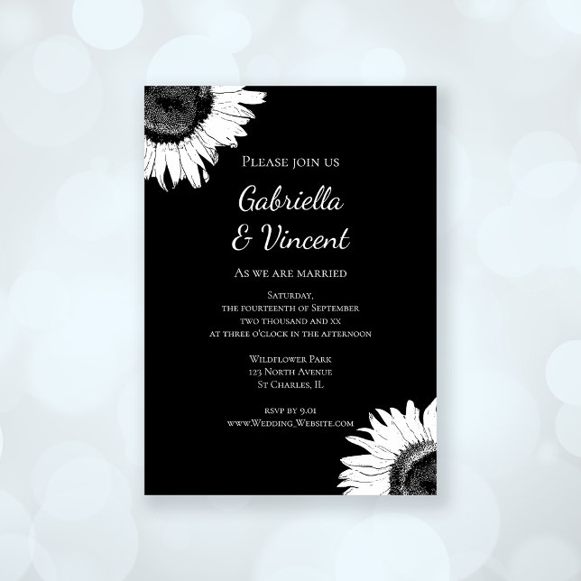White Sunflower on Black Wedding Invitation (Creator Uploaded)
