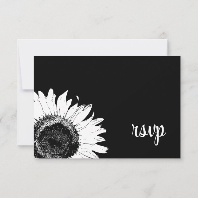 White Sunflower on Black Wedding RSVP Card (Front)
