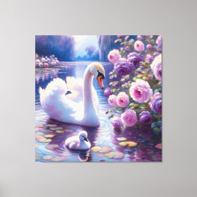 White Swan and Cygnet with Purple Roses Canvas Print (Front)