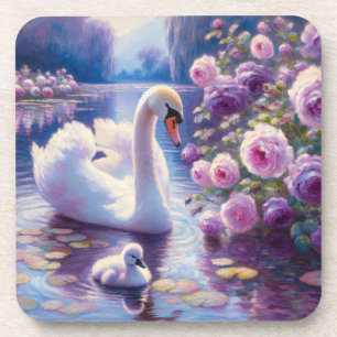 White Swan and Cygnet with Purple Roses Coaster