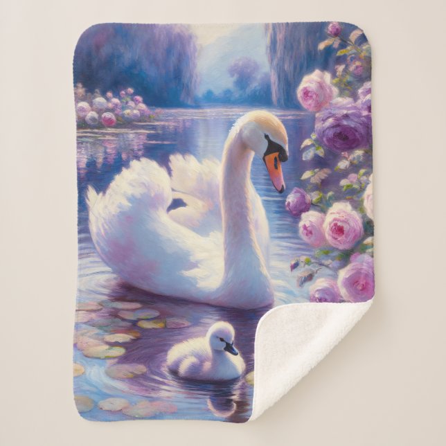 White Swan and Cygnet with Purple Roses Sherpa Blanket (Front)