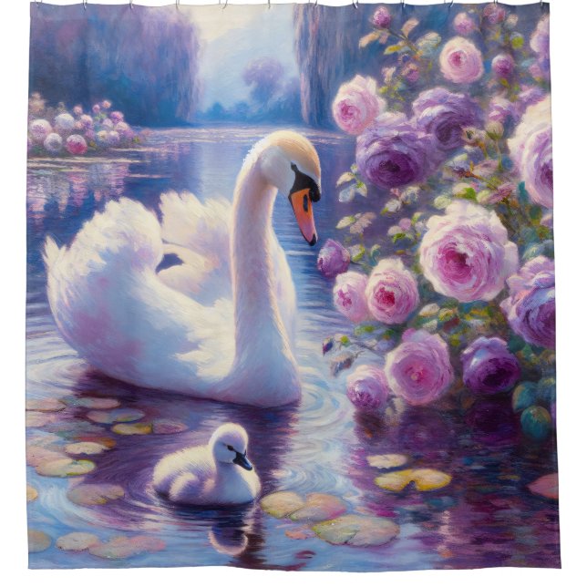 White Swan and Cygnet with Purple Roses Shower Curtain (Front)