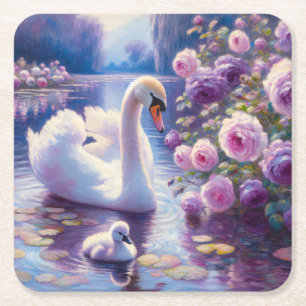 White Swan and Cygnet with Purple Roses Square Paper Coaster
