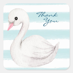 White Swan Elegant Script Blue Thank You Square Sticker