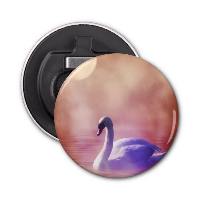 White Swan floating on a misty lake Bottle Opener (Front)
