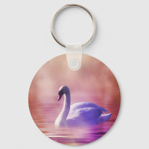 White Swan floating on a misty lake Key Ring