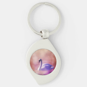 White Swan floating on a misty lake Key Ring