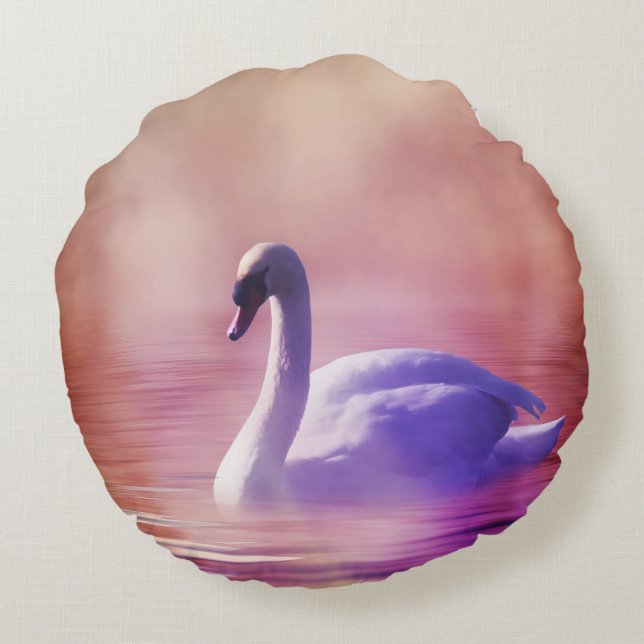 White Swan floating on a misty lake Round Cushion (Back)