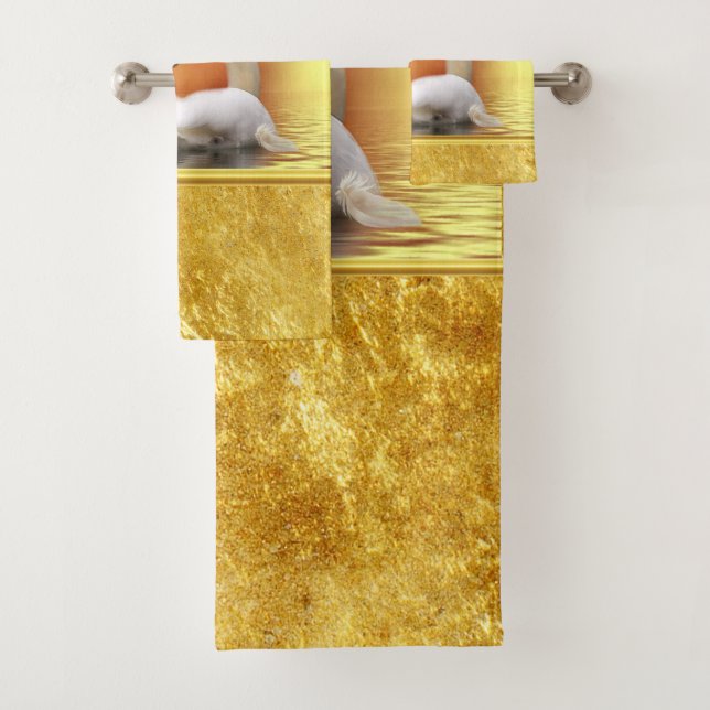 White Swan in a lake with a orange gold sunset Bath Towel Set (Insitu)