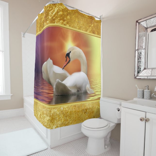 White Swan in a lake with a orange gold sunset Shower Curtain (In Situ)