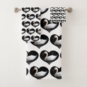 White swan on black bath towel set