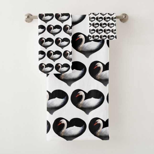 White swan on black bath towel set (Insitu)
