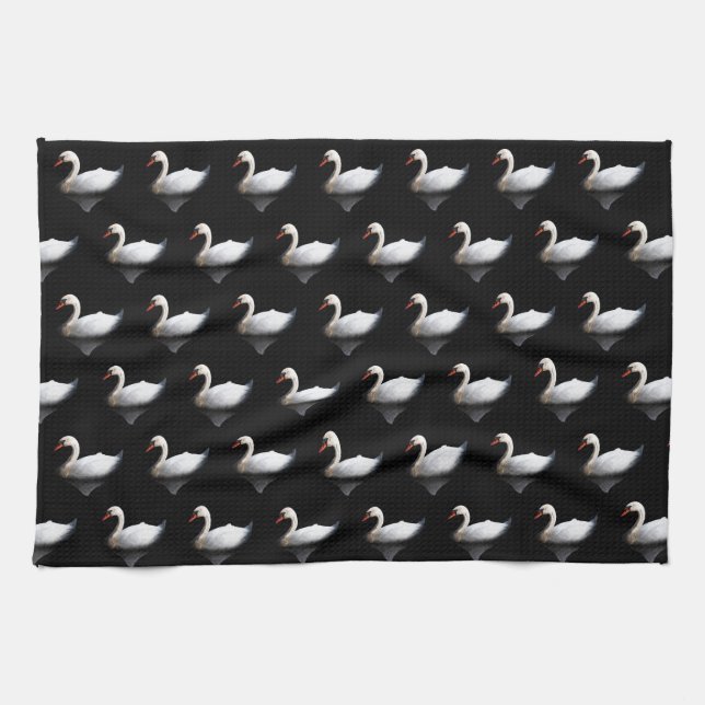 White swan on black tea towel (Horizontal)