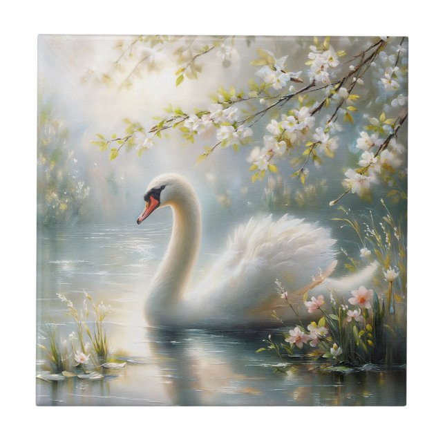 White Swan on Lake Floral Painting Tile (Front)