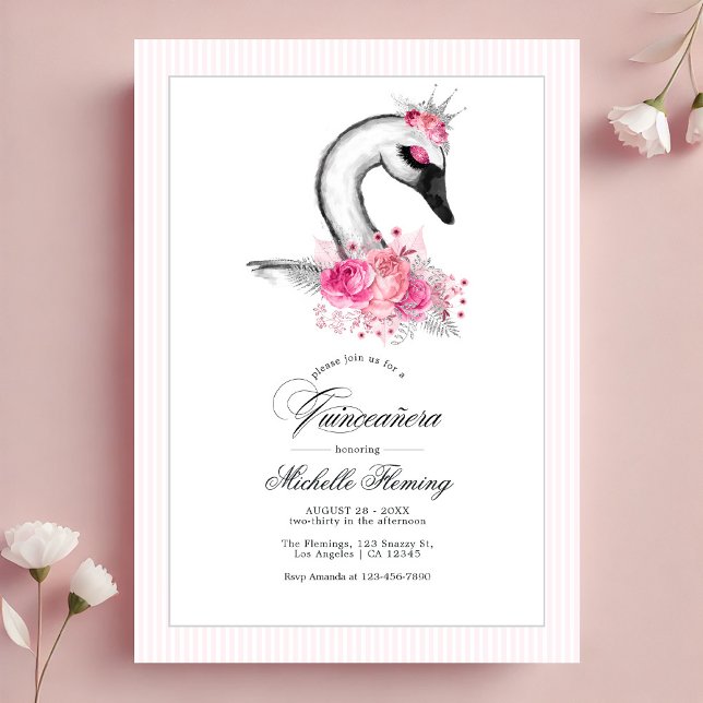 White Swan Pink Floral Quinceañera Photo Invitation (White Swan Pink Floral Quinceañera Photo Invitation)