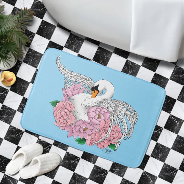 White Swan Pink Flowers Bath Mat (Creator Uploaded)