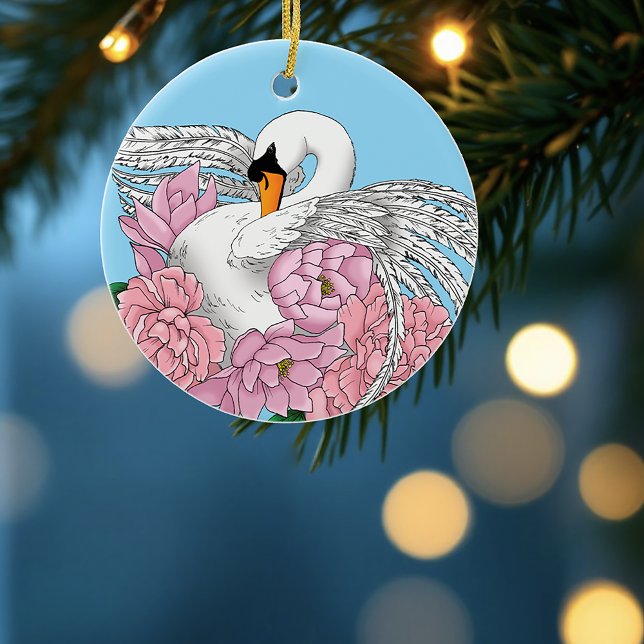 White Swan Pink Flowers Ceramic Tree Decoration (Creator Uploaded)