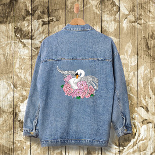 White Swan Pink Flowers Denim Jacket