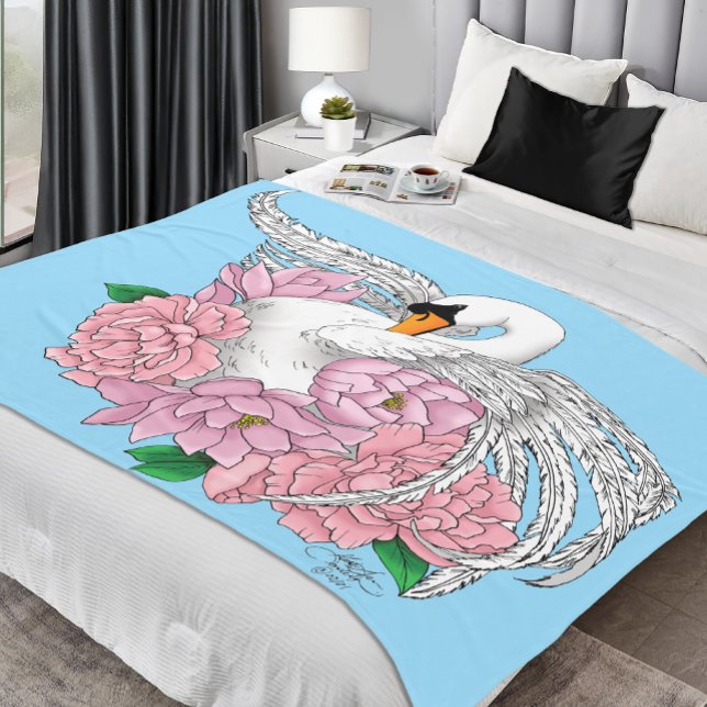 White Swan Pink Flowers Fleece Blanket (Creator Uploaded)