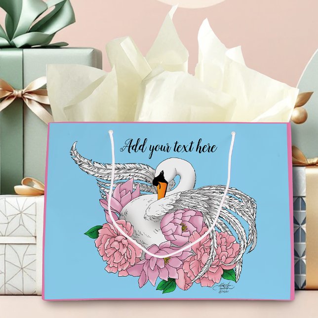 White Swan Pink Flowers Large Gift Bag (Creator Uploaded)