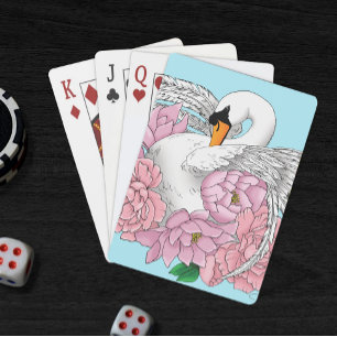 White Swan Pink Flowers Playing Cards