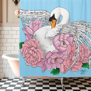 White Swan Pink Flowers Shower Curtain
