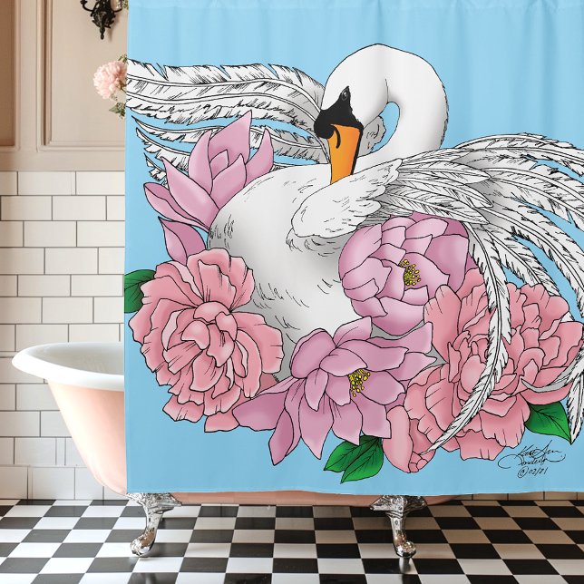 White Swan Pink Flowers Shower Curtain (Creator Uploaded)
