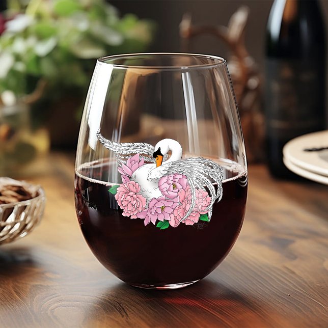 White Swan Pink Flowers Stemless Wine Glass (Creator Uploaded)