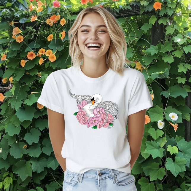 White Swan Pink Flowers T-Shirt (Creator Uploaded)