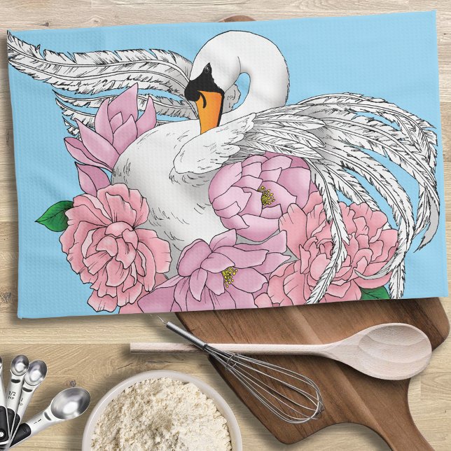 White Swan Pink Flowers Tea Towel (Creator Uploaded)