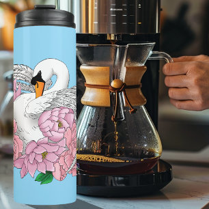 White Swan Pink Flowers Thermal Tumbler