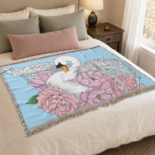 White Swan Pink Flowers Throw Blanket