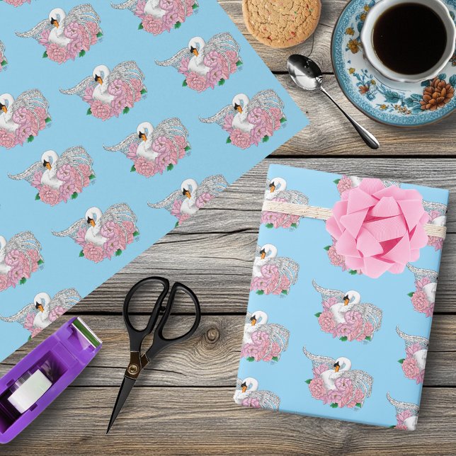 White Swan Pink Flowers Wrapping Paper (Creator Uploaded)