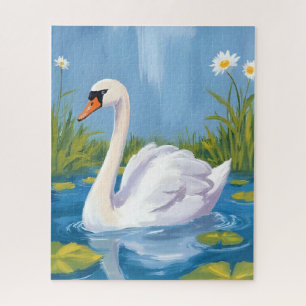 White Swan Pond Watercolor Bird Painting Jigsaw Puzzle