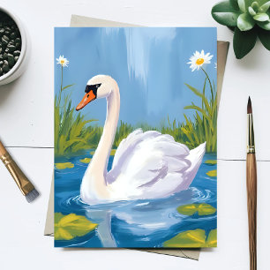 White Swan   Pond Watercolor Bird Painting Postcard