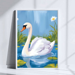 White Swan   Pond Watercolor Bird Painting Poster