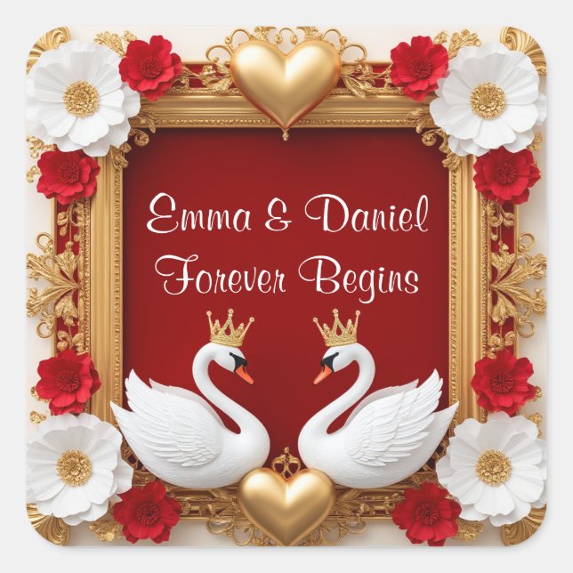💖 White Swan Red Gold Romantic Wedding Theme 🦢 Square Sticker (Front)