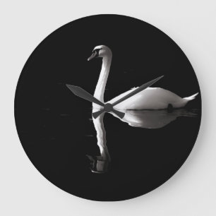 White Swan Reflection On Black Lake Large Clock