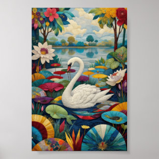 White Swan Vivid Maximalist Folk Art Poster