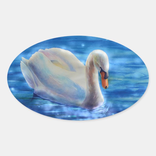 White swan watercolor painting oval sticker (Front)