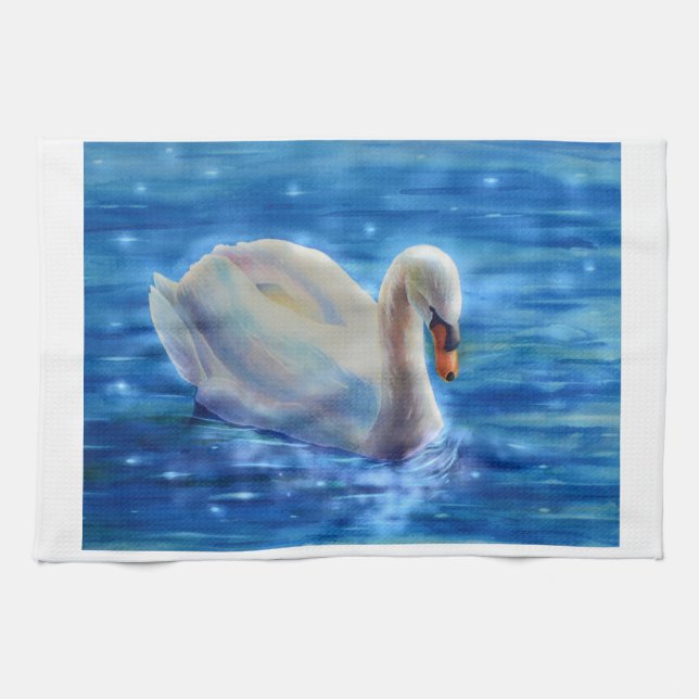 White swan watercolor painting tea towel (Horizontal)