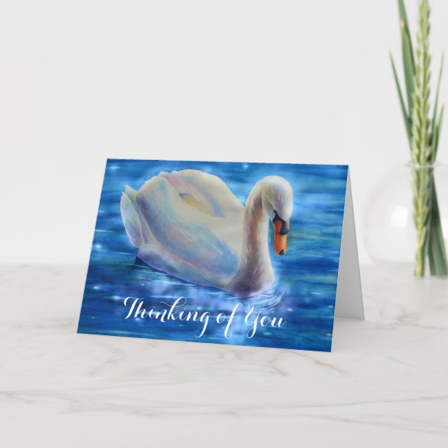 White swan watercolor painting, thinking of you card (Front)