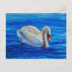 White swan watercolor painting, waterfowl, bird postcard