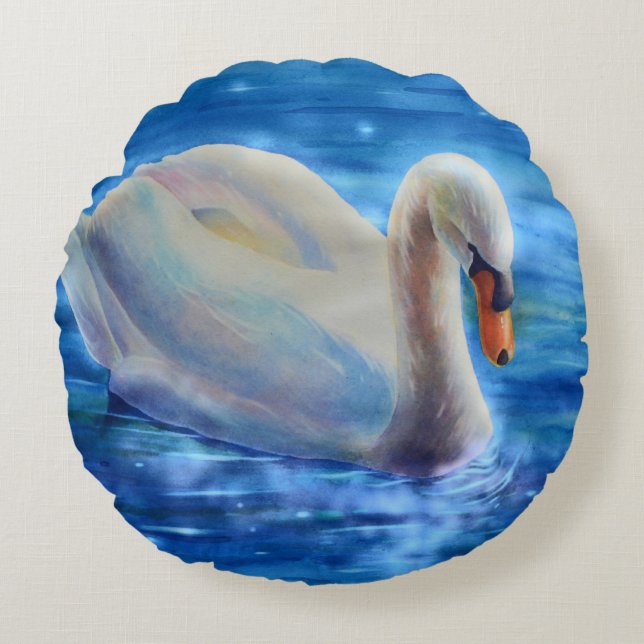 White swan watercolor painting, waterfowl, bird round cushion (Front)