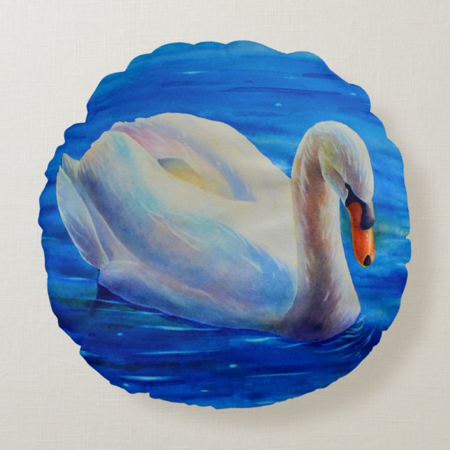 White swan watercolor painting, waterfowl, bird round cushion (Front)