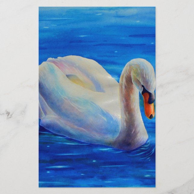 White swan watercolor painting, waterfowl, bird stationery (Front)