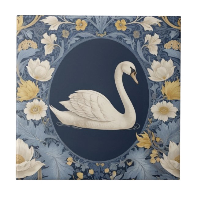 White Swan William Morris style Right facing Bird Tile (Front)