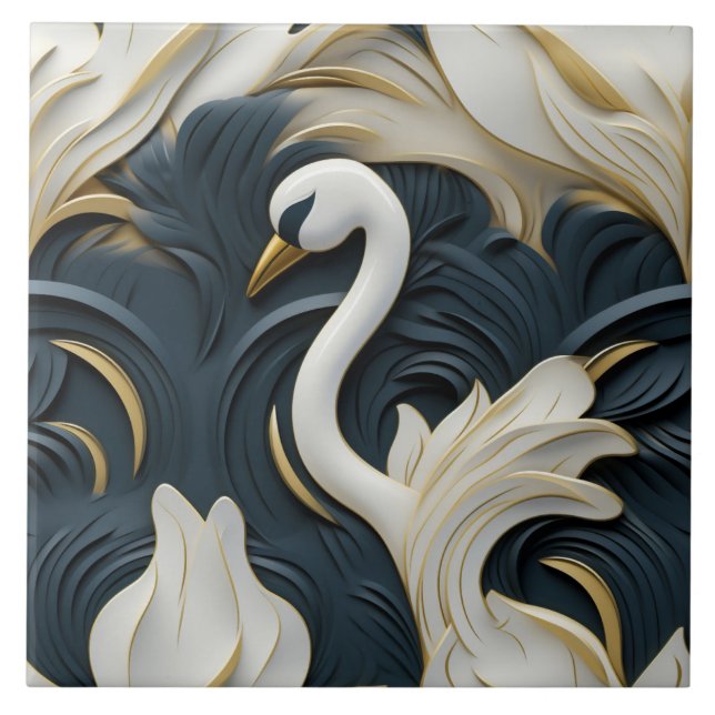 White Swan with Blue Foliage Relief Effect Tile (Front)